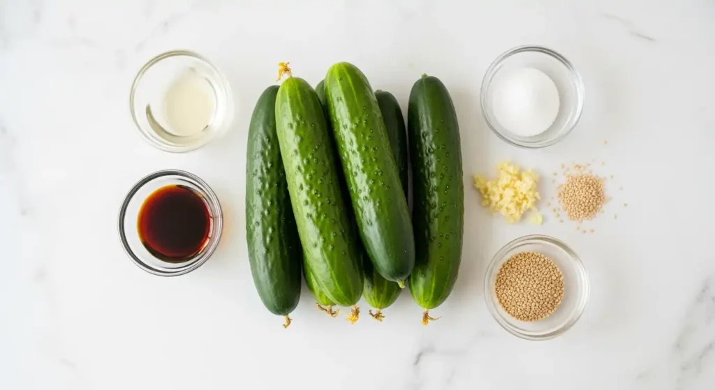 Din Tai Fung Cucumber Salad Recipe (Better Than Takeout!) 2 All ingredients for Din Tai Fung cucumber salad arranged on marble counter including cucumbers, vinegar, soy sauce, garlic and sesame oil