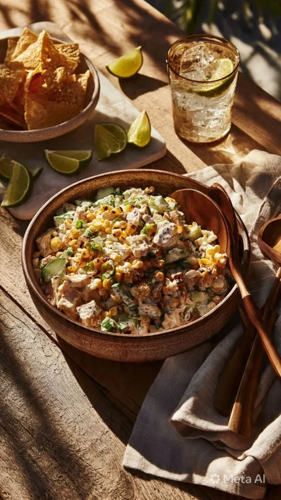Street Corn Creamy Cucumber Chicken Salad (Fresh, Bold & Ready in 20 Minutes!) 5 Street corn creamy cucumber chicken salad served with tortilla chips and lime on a summer dinner table