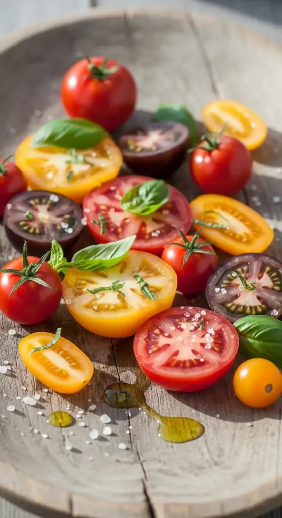 15 Best Summer Salad Recipes with Fresh Vegetables 10 Vibrant heirloom tomato salad with fresh basil leaves, sea salt, and olive oil drizzle