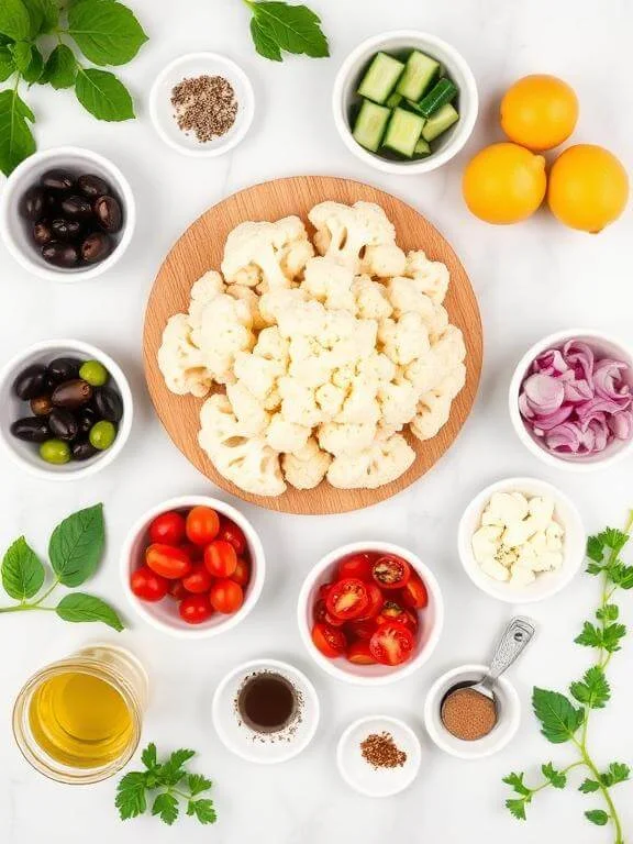 The Best Mediterranean Marinated Cauliflower Salad (Light, Zesty & Addictive!) 3 All ingredients for Mediterranean marinated cauliflower salad including cauliflower, feta, olives, tomatoes, cucumber, and fresh herbs on white marble