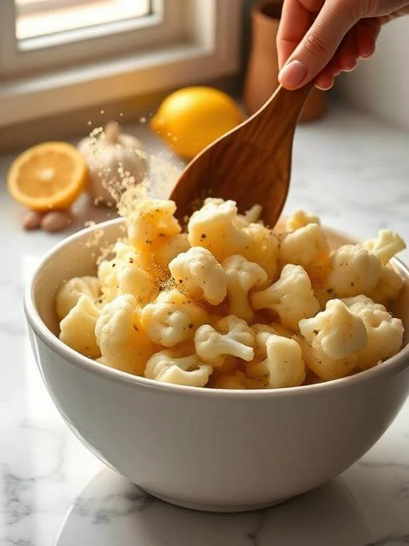 The Best Mediterranean Marinated Cauliflower Salad (Light, Zesty & Addictive!) 4 Hand tossing cauliflower florets in lemon-herb marinade in large white mixing bowl