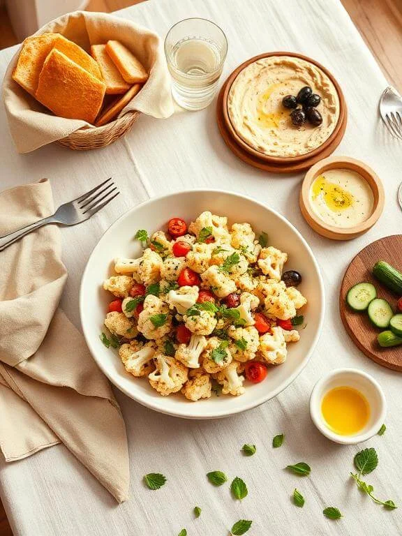 The Best Mediterranean Marinated Cauliflower Salad (Light, Zesty & Addictive!) 5 Mediterranean marinated cauliflower salad served with pita bread, hummus, and olives for a full mezze spread