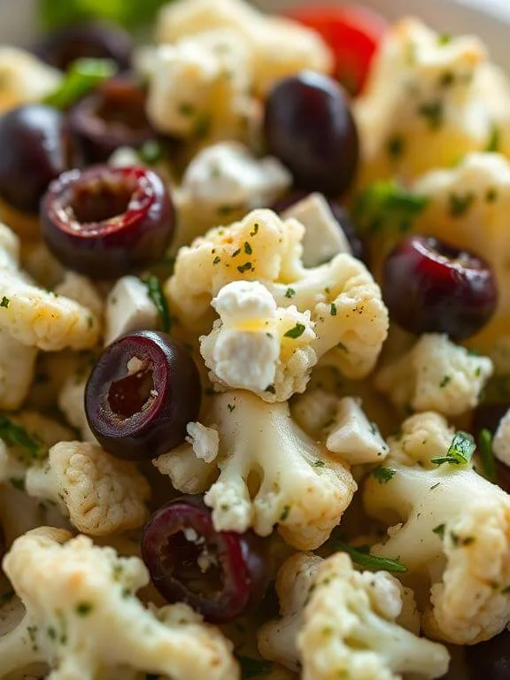 The Best Mediterranean Marinated Cauliflower Salad (Light, Zesty & Addictive!) 2 Close-up of marinated cauliflower florets with crumbled feta and kalamata olives glistening in olive oil dressing