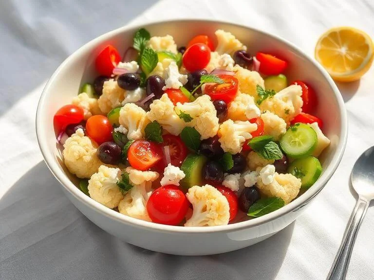 The Best Mediterranean Marinated Cauliflower Salad (Light, Zesty & Addictive!) 1 Mediterranean marinated cauliflower salad with feta, olives, tomatoes, and fresh herbs in white ceramic bowl