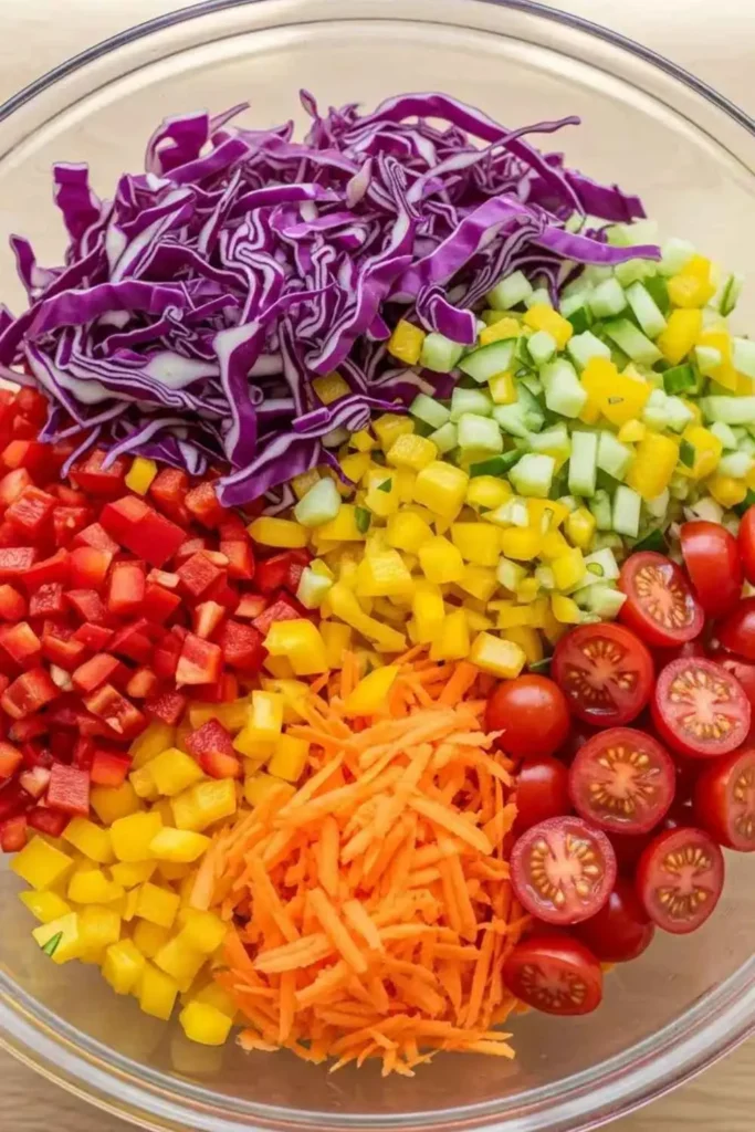 15 Best Summer Salad Recipes with Fresh Vegetables 6 Rainbow vegetable chopped salad with colorful bell peppers and vegetables