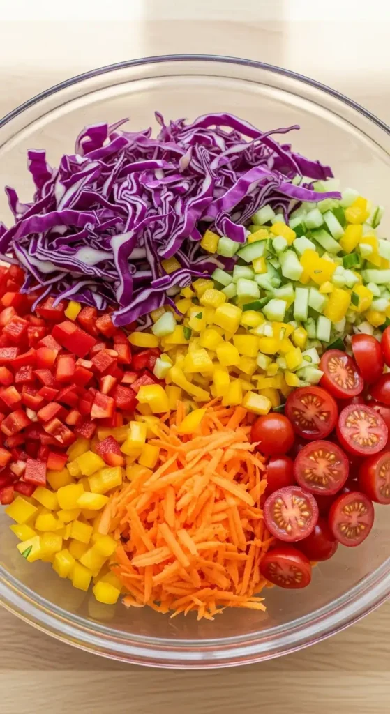 15 Best Summer Salad Recipes with Fresh Vegetables 6 Rainbow vegetable chopped salad with colorful bell peppers and vegetables