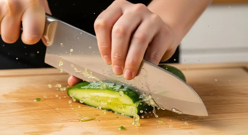 Din Tai Fung Cucumber Salad Recipe (Better Than Takeout!) 3 Hand smashing Persian cucumber with flat side of knife on cutting board for Din Tai Fung cucumber salad