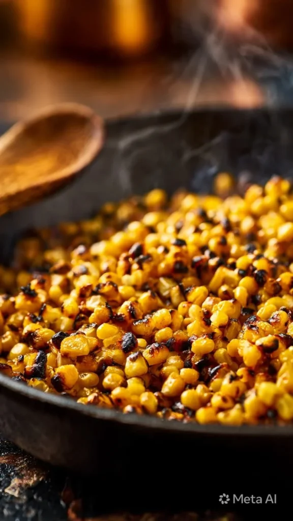 Street Corn Creamy Cucumber Chicken Salad (Fresh, Bold & Ready in 20 Minutes!) 2 Corn kernels charring in a cast iron skillet for street corn creamy cucumber chicken salad