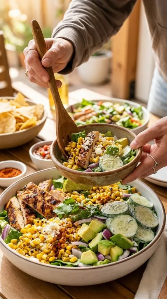 Street Corn Creamy Cucumber Chicken Salad (Fresh, Bold & Ready in 20 Minutes!) 4 Person serving street corn creamy cucumber chicken salad from a shared bowl at a casual dinner