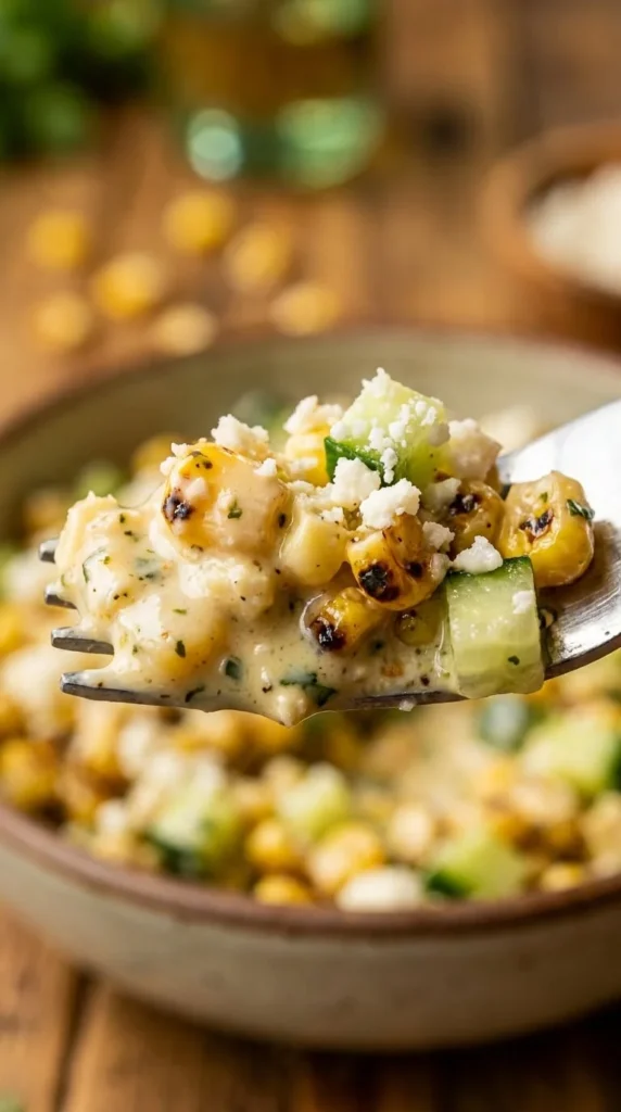 Street Corn Creamy Cucumber Chicken Salad (Fresh, Bold & Ready in 20 Minutes!) 3 Close-up shot of Street Corn Creamy Cucumber Chicken Salad in a bowl