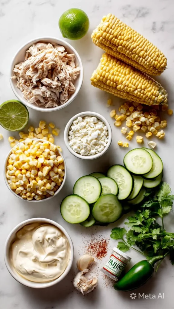 Street Corn Creamy Cucumber Chicken Salad (Fresh, Bold & Ready in 20 Minutes!) 1 Ingredients for street corn creamy cucumber chicken salad on a counter