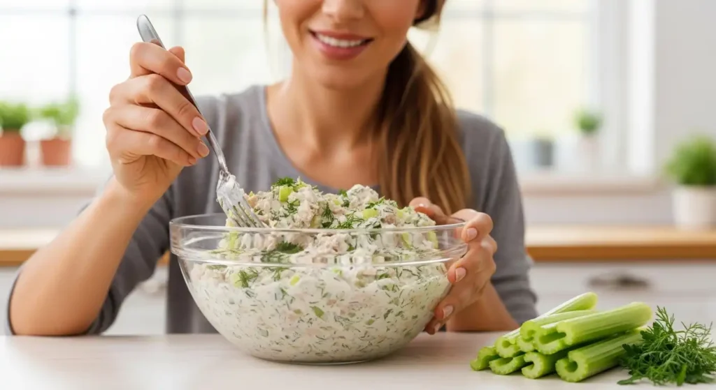 The Best Tuna Salad Sandwich Recipe (Ready in 10 Minutes!) 4 Hands mixing creamy tuna salad with fork in glass bowl showing celery and herbs