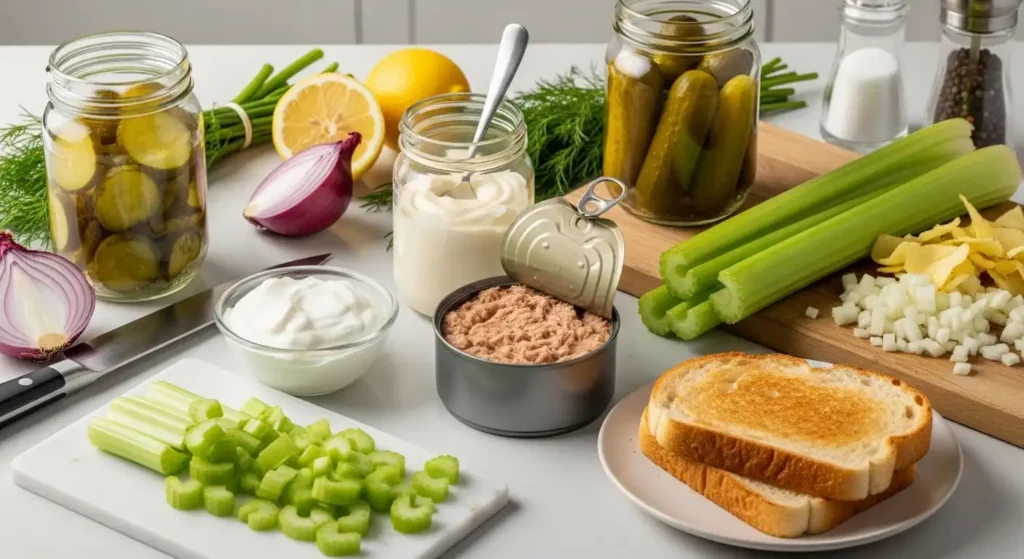 The Best Tuna Salad Sandwich Recipe (Ready in 10 Minutes!) 3 All ingredients for tuna salad sandwich arranged on white marble counter including canned tuna, mayo, Greek yogurt, celery, and pickles