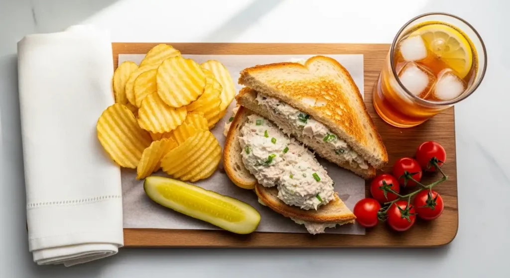 The Best Tuna Salad Sandwich Recipe (Ready in 10 Minutes!) 7 Tuna salad sandwich served with potato chips and pickles on rustic wooden board for lunch
