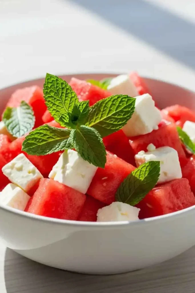 15 Best Summer Salad Recipes with Fresh Vegetables 5 Watermelon and feta summer salad in white bowl
