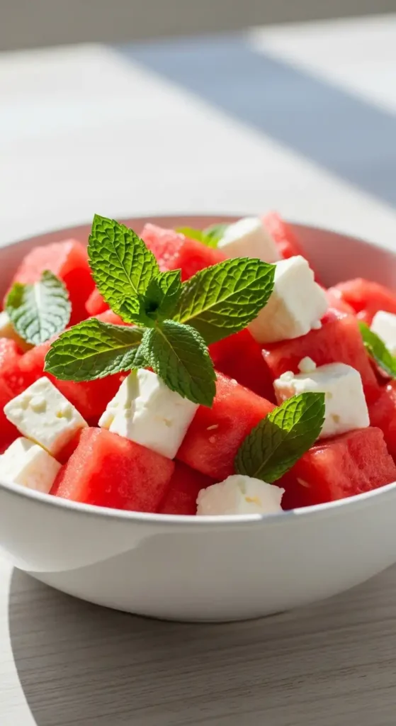 15 Best Summer Salad Recipes with Fresh Vegetables 5 Watermelon and feta summer salad in white bowl