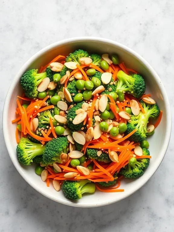 15 Easy Broccoli Salad Recipes for Any Occasion 3 Asian sesame broccoli salad with edamame shredded carrots and sliced almonds in a bowl