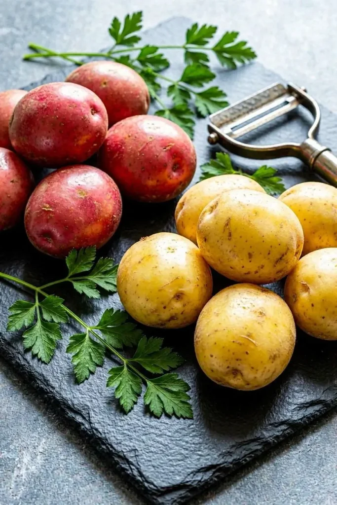 15 Potato Salad Recipe Ideas to Fill Your Summer Salad Bowl 2 Raw red skin potatoes and yellow Yukon Gold potatoes on a rustic cutting board showing the best potatoes for homemade potato salad.