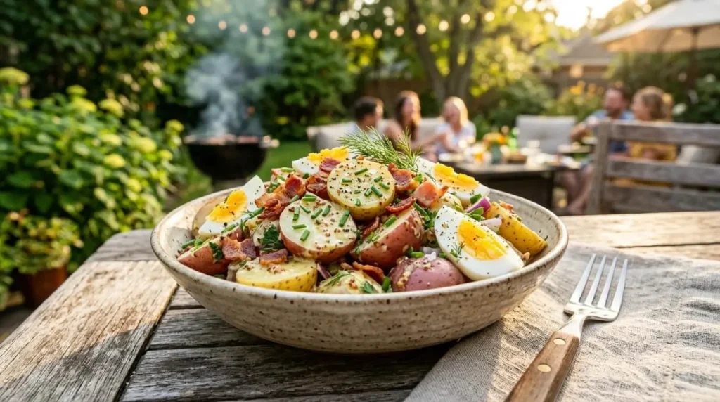 15 Potato Salad Recipe Ideas to Fill Your Summer Salad Bowl 1 A massive summer salad bowl filled with the best homemade creamy potato salad recipe featuring red potatoes, bacon, and fresh herbs at an outdoor BBQ party.