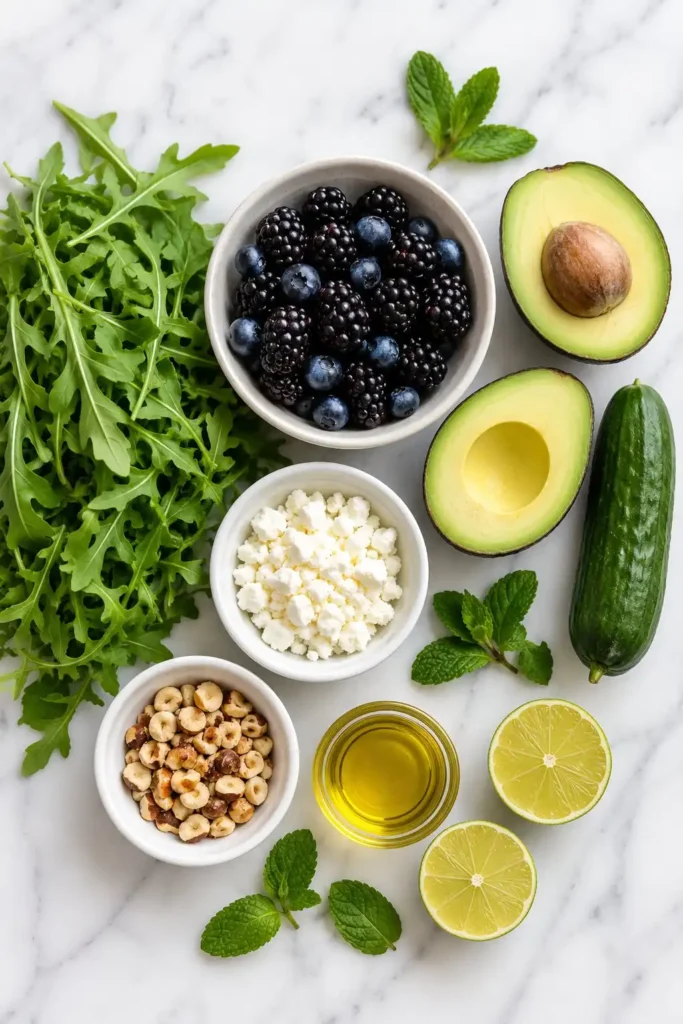 Blackberry Avocado Arugula Salad with Lime Dressing 2 All ingredients for blackberry avocado arugula salad arranged on white marble surface