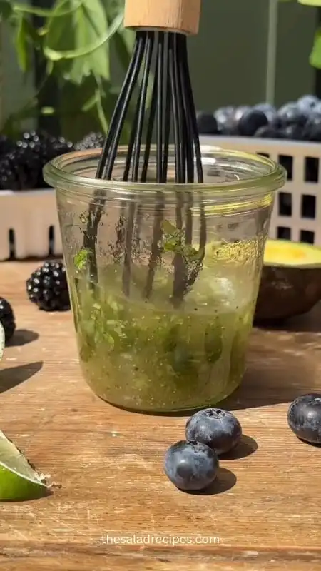 Blackberry Avocado Arugula Salad with Lime Dressing 3 Hand whisking lime mint vinaigrette in a small glass bowl for arugula salad
