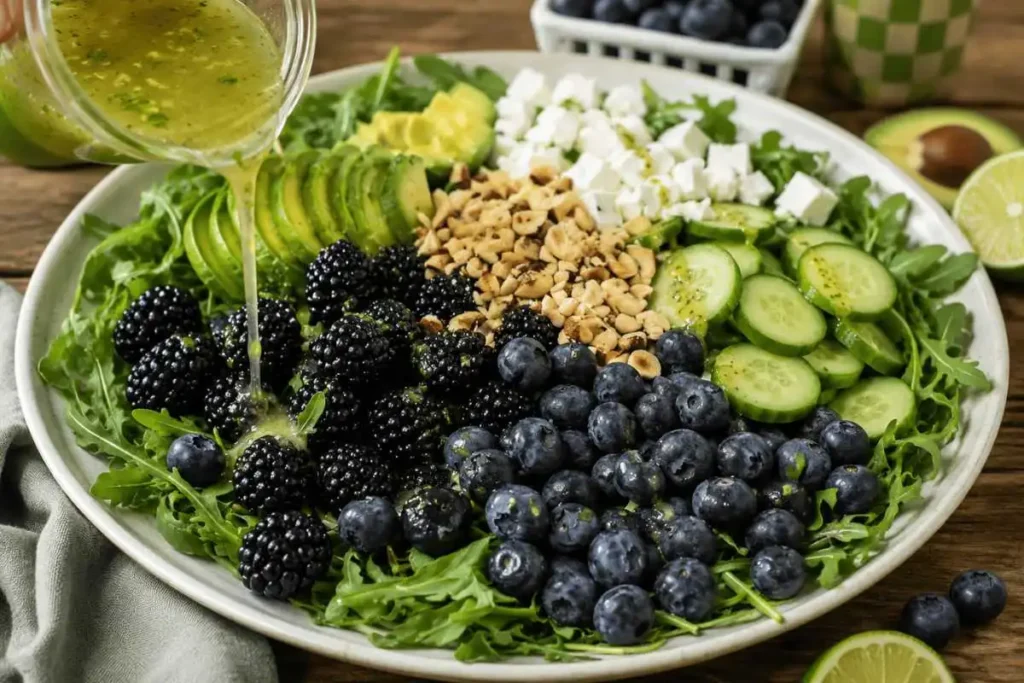 Blackberry Avocado Arugula Salad with Lime Dressing 1 Blackberry avocado arugula salad with lime dressing on a white ceramic platter with feta and hazelnuts
