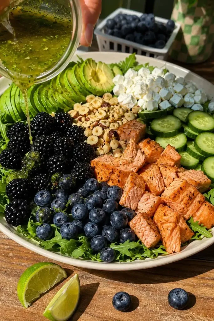 Blackberry Avocado Arugula Salad with Lime Dressing 5 Blackberry avocado arugula salad served alongside grilled salmon on a rustic wood table