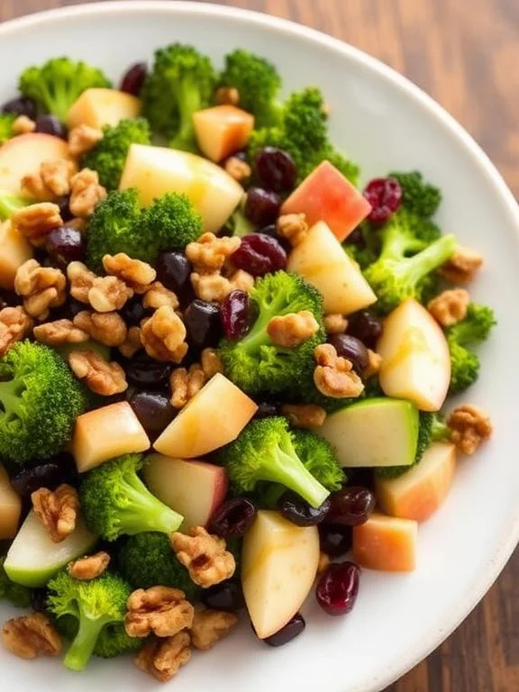 15 Easy Broccoli Salad Recipes for Any Occasion 5 Broccoli apple walnut harvest salad with dried cranberries and honey Dijon dressing on a wooden board
