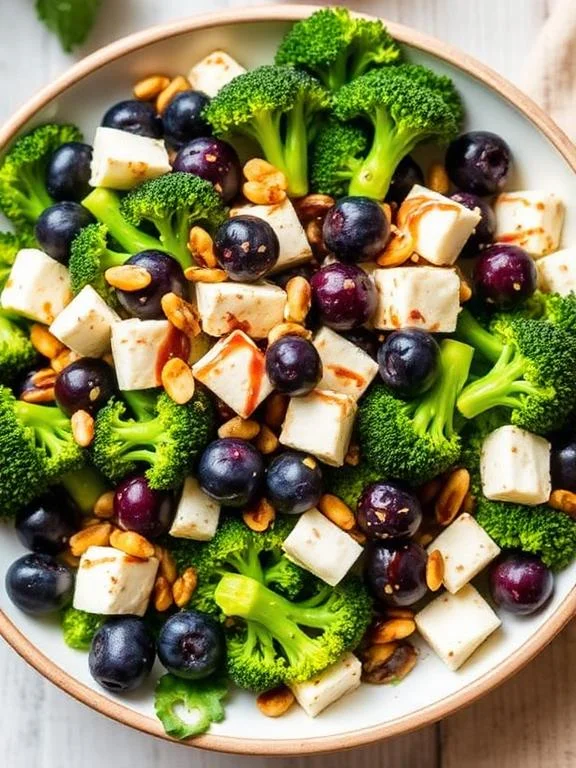 15 Easy Broccoli Salad Recipes for Any Occasion 12 Broccoli blueberry feta summer salad with toasted pine nuts and balsamic glaze on a white plate