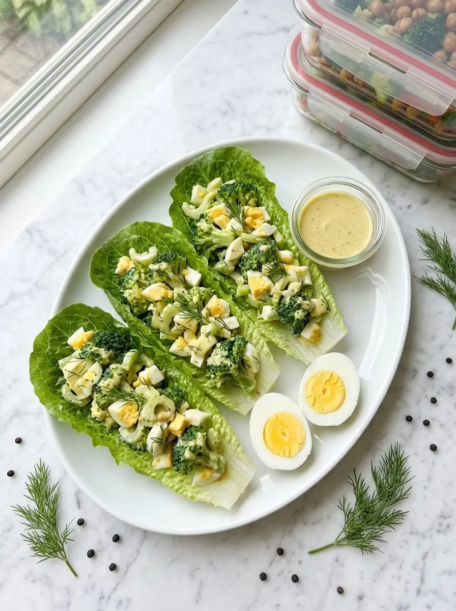 15 Easy Broccoli Salad Recipes for Any Occasion 14 Broccoli egg salad with mustard dill dressing served on crisp lettuce leaves on a plate