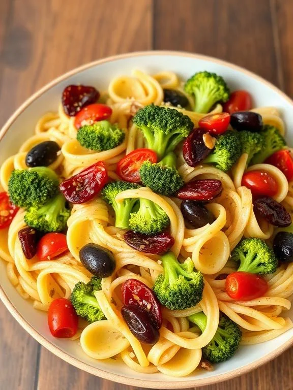 15 Easy Broccoli Salad Recipes for Any Occasion 4 Broccoli pasta salad with sun-dried tomatoes kalamata olives and Italian vinaigrette in a large bowl