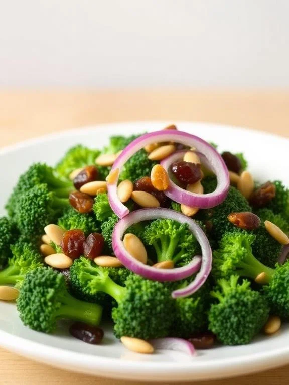 15 Easy Broccoli Salad Recipes for Any Occasion 10 Fresh broccoli salad with honey Dijon dressing red onion raisins and sunflower seeds on a rustic plate