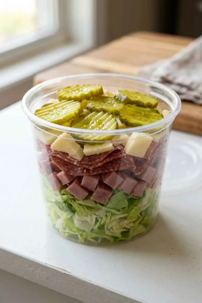 4 Italian Sub Salad Cups – Easy & Delicious 1 Classic Italian sub salad cup with layered lettuce, ham, salami, provolone and dill pickles
