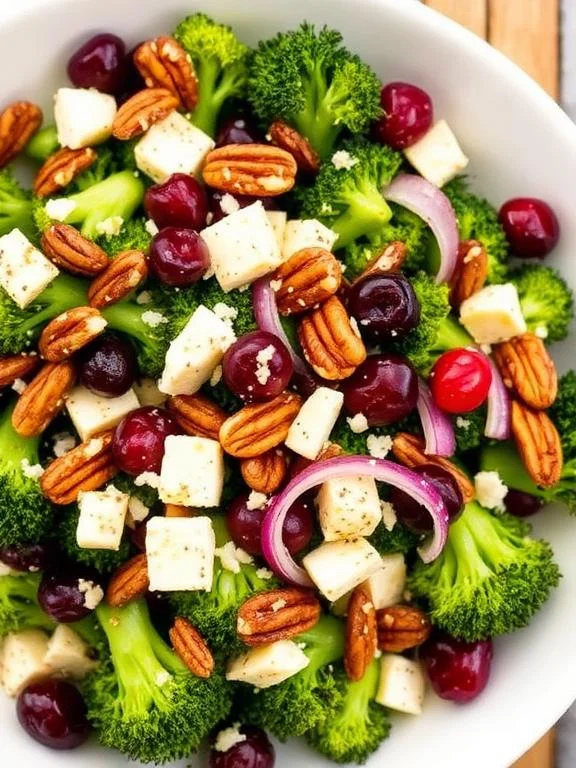 15 Easy Broccoli Salad Recipes for Any Occasion 7 Cranberry and feta broccoli salad with toasted pecans red onion and sweet poppy seed dressing on a plate