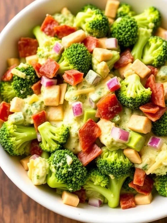 15 Easy Broccoli Salad Recipes for Any Occasion 2 Classic creamy broccoli salad with bacon cheddar and red onion in a large serving bowl
