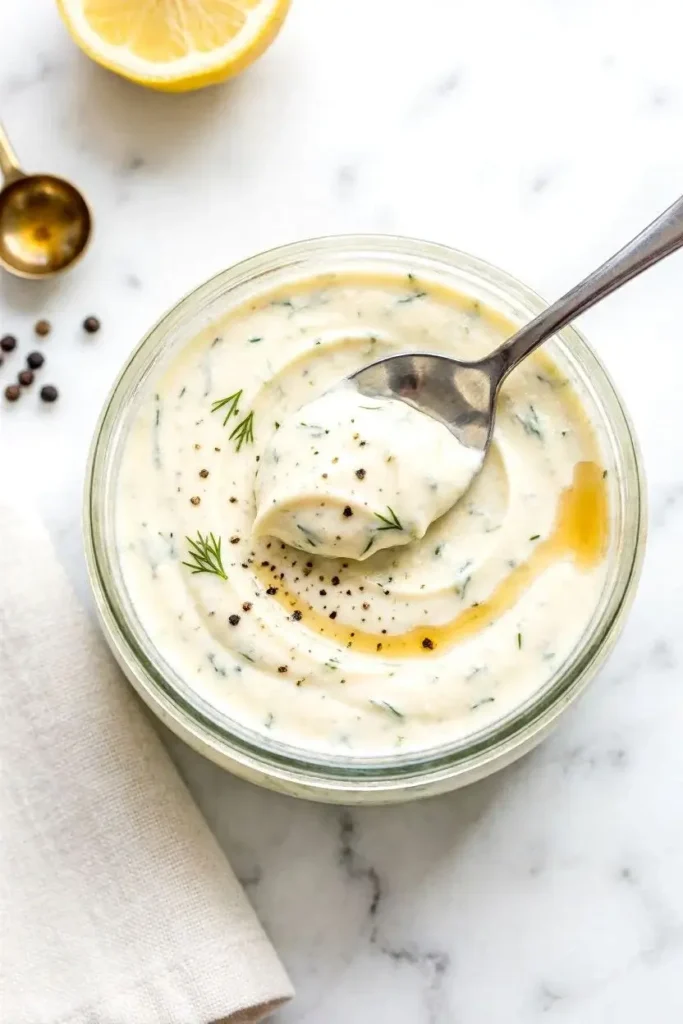 15 Potato Salad Recipe Ideas to Fill Your Summer Salad Bowl 3 Creamy potato salad dressing with mayonnaise, vinegar, and fresh dill being lifted with a spoon from a glass jar.