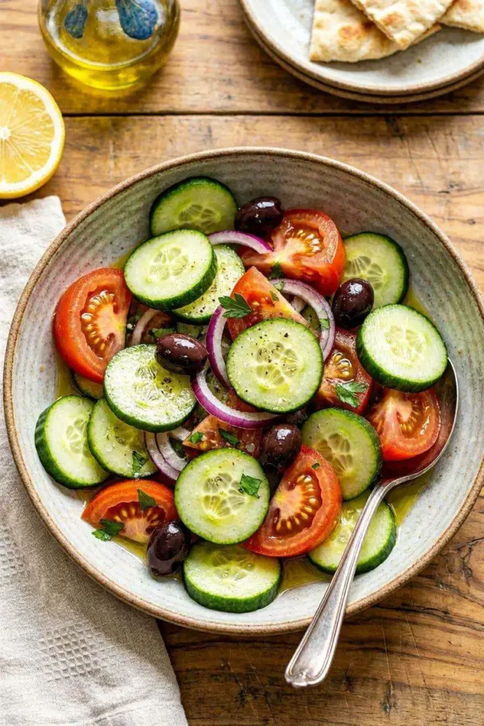 8 Healthy Mediterranean Diet Recipes for Beginners 7 Simple cucumber tomato salad bowl with red onion and olive oil — beginner Mediterranean diet recipe