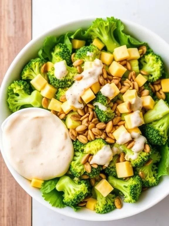 15 Easy Broccoli Salad Recipes for Any Occasion 9 Easy broccoli cheddar salad with sunflower seeds and creamy ranch dressing in a white bowl