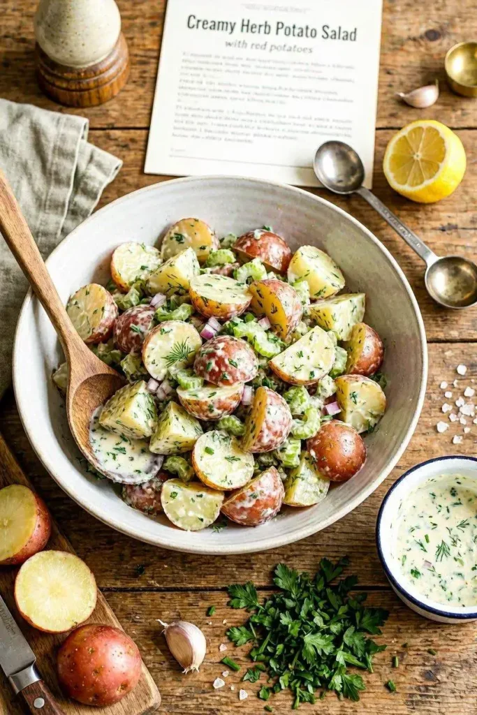 Creamy Herb Potato Salad with Red Potatoes Recipe 1 Creamy Potato Salad with Red Potatoes - No-Peel Easy Recipe