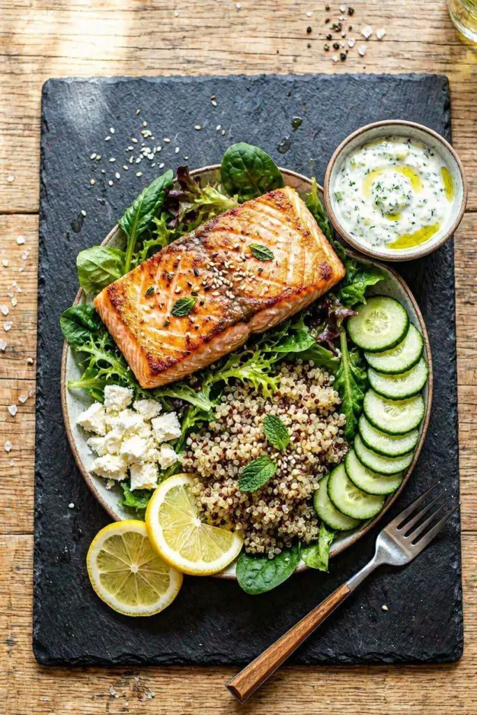 8 Healthy Mediterranean Diet Recipes for Beginners 8 High-protein Mediterranean salmon salad bowl with tzatziki and greens — Mediterranean diet recipe