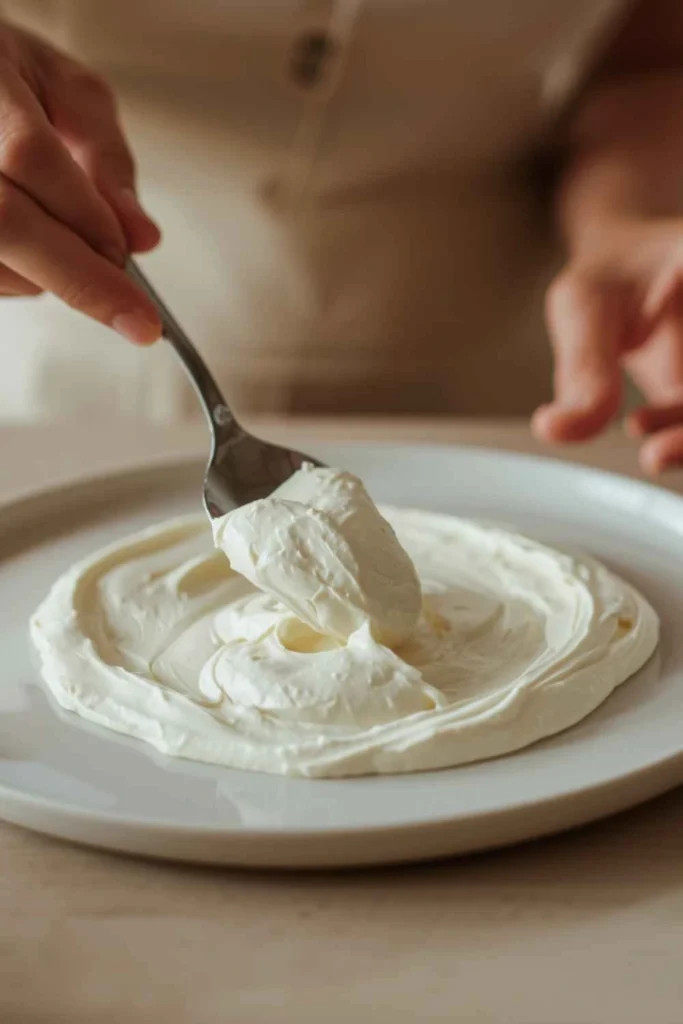 The Best Whipped Ricotta Recipe (Spring Pea & Mint Salad in 15 Minutes!) 4 Hand beating ricotta with a fork in a white bowl to make whipped ricotta recipe