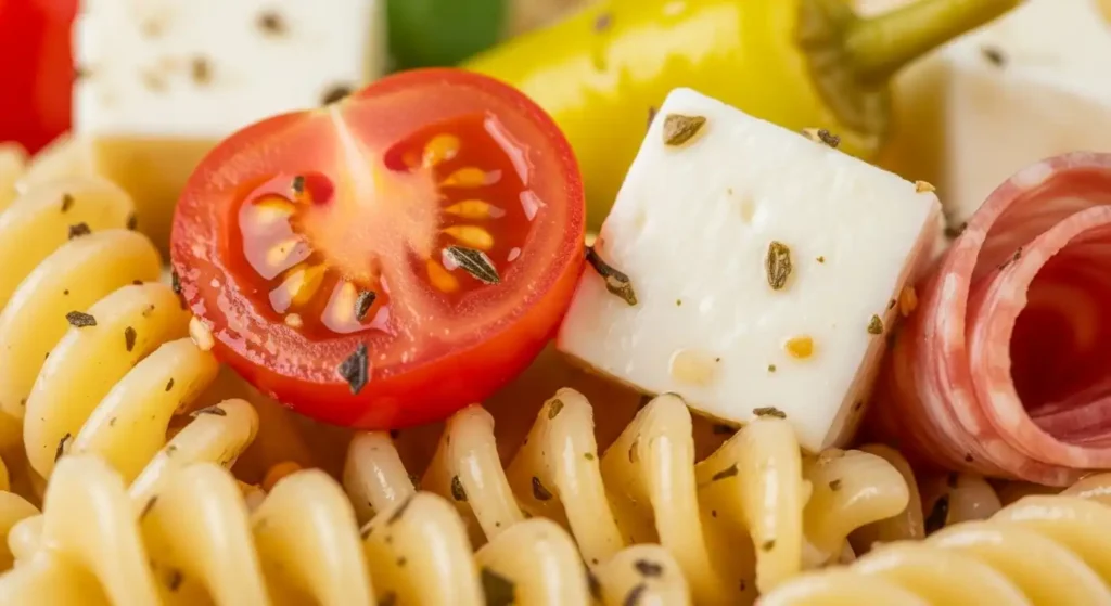 Classic Italian Pasta Salad Recipe - (Ready in 25 Min) 3 Close-up of Italian pasta salad showing glossy dressing on rotini with tomato, mozzarella, and salami