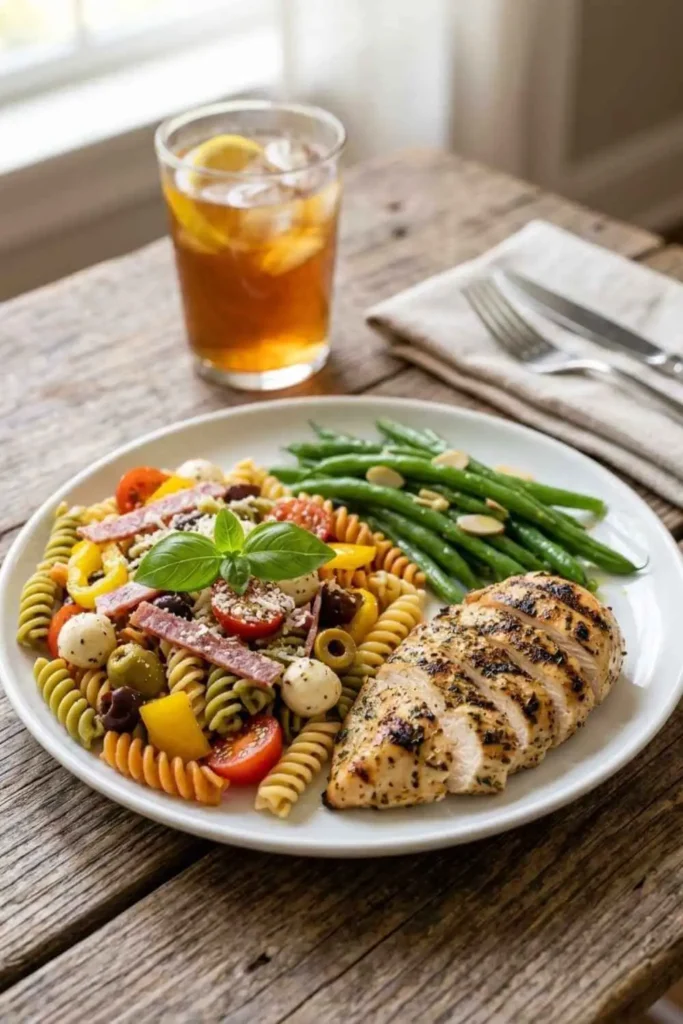 Classic Italian Pasta Salad Recipe - (Ready in 25 Min) 4 Italian pasta salad served with grilled chicken and green beans on white plate for summer dinner