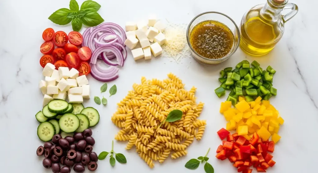 Classic Italian Pasta Salad Recipe - (Ready in 25 Min) 2 ingredients for Italian pasta salad recipe arranged on white marble including pasta, vegetables, cheese, and dressing