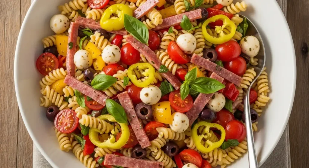 Classic Italian Pasta Salad Recipe - (Ready in 25 Min) 1 Colorful Italian pasta salad recipe bowl