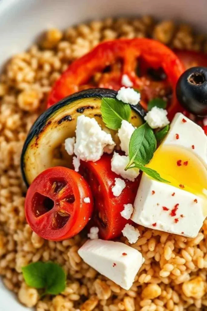 7-Day Mediterranean Diet Meal Prep for Busy People 5 Close-up of Mediterranean grain bowl with farro, roasted vegetables, feta, and olives