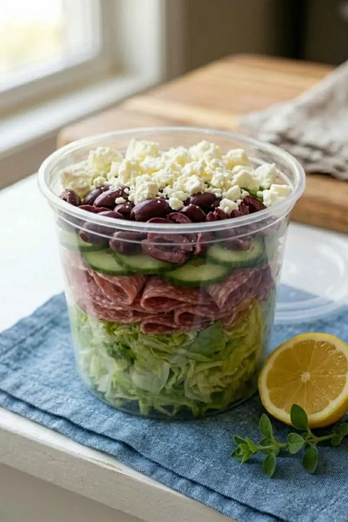 4 Italian Sub Salad Cups – Easy & Delicious 4 Mediterranean Italian cup with salami, cucumber, olives and feta — fresh portable salad jar