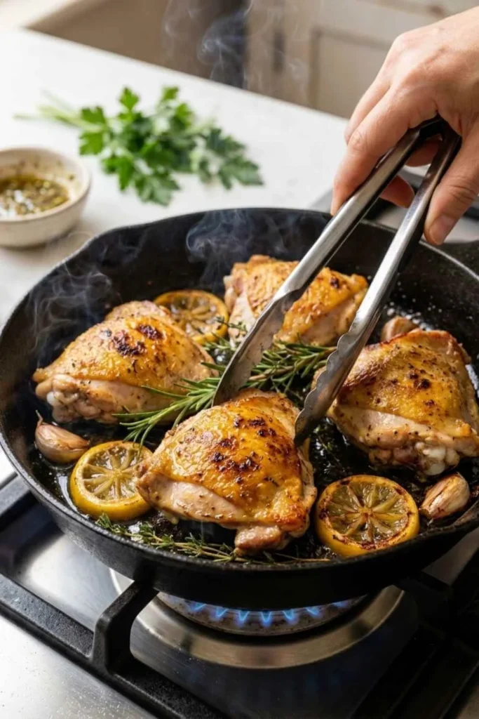 7-Day Mediterranean Diet Meal Prep for Busy People 3 Golden lemon herb chicken thighs searing in cast iron skillet