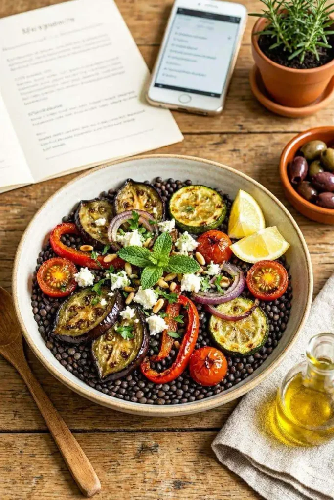 8 Healthy Mediterranean Diet Recipes for Beginners 9 Mediterranean black lentil power bowl with roasted vegetables — healthy Mediterranean diet recipe for beginners