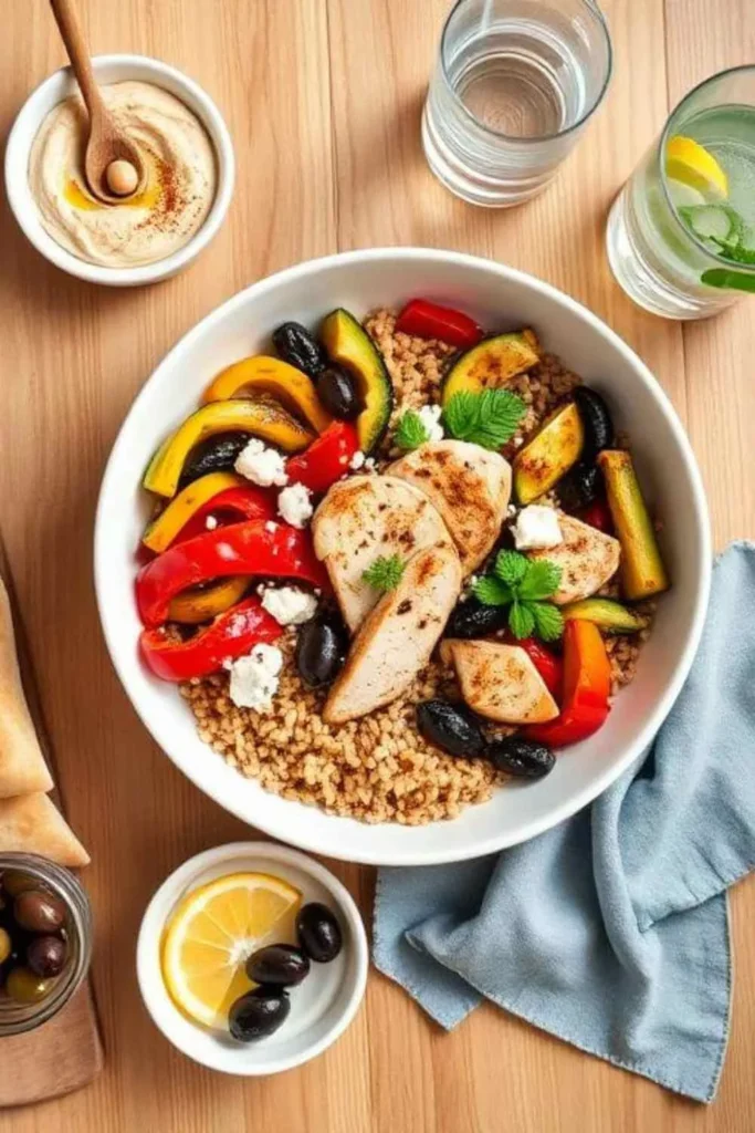 7-Day Mediterranean Diet Meal Prep for Busy People 6 Mediterranean meal prep bowl served with hummus, pita, and olives on wooden table